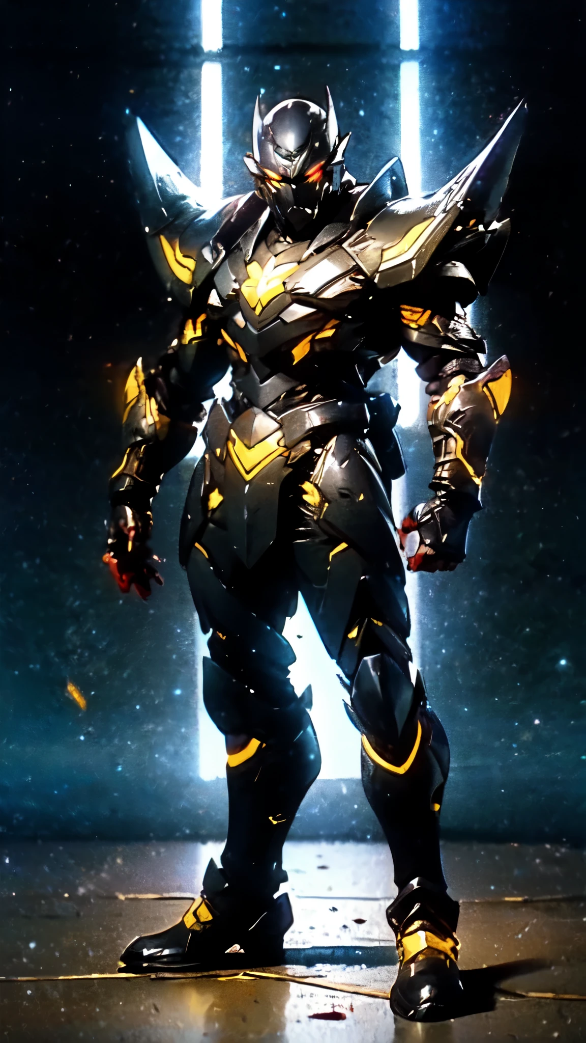 (masterpiece:1.5, best quality:1.5, extremely delicate:1.5), ((male:1.5)), a man wearing a full-face helmet, high-tech biomimetic armored combat suit, (a composite layered chest armor), the design balances heavy with agility, fully enclosed shoulder guards, matching arm and leg guards, a belt of gemstone, (the color scheme is primarily Red with Purple and Yellow accents, Organic Biotech, Concept Inspired by Vampire, glowing eyes, armor glows, huge cloak like devil wings, blood), stand of a futuristic sci-fi city, this character embodies a finely crafted fantasy-style armored hero in anime style, exquisite and mature art style, metallic, high definition, highres, ultra-detailed, ultra-fine painting, professional, perfect body proportions, golden ratio, anatomically correct, symmetrical face, extremely detailed eyes and face, high quality eyes, creativity, RAW photo, UHD, 32k, Natural light, cinematic lighting, (masterpiece-anatomy-perfect:1.2)