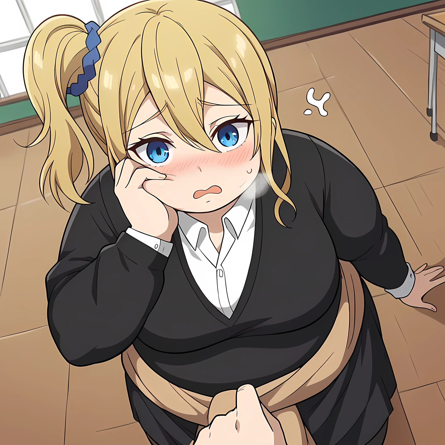 score_9, score_8_up, score_7_up, source_anime,
aihayasaka, ai hayasaka, bangs, blue eyes, blonde hair, hair ornament, hair between eyes, sidelocks, side ponytail, scrunchie, hair scrunchie, blue scrunchie,
shirt, long sleeves, school uniform, shoes, socks, sweater, cardigan, black socks, clothes around waist, shuuchiin academy school uniform, sweater around waist, cardigan around waist,
indoors, classroom, bent over,
looking at viewer, cowboy shot, dutch angle, solo, swollen face, fat, chubby, obese, open mouth, out of breath, absurdres, highres icon, rating:General, confused, blush, {flustered}, nervous sweating, portrait, pov hands, hand on another's cheek, averting eyes, [looking away], straight-on, from above,  upper body, masterpiece, best quality, ultra-detailed, high resolution, 8K, 