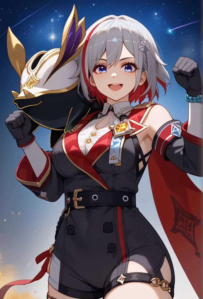  score_9,  score_8_up,  score_7_up,  source_Anime,  1 girl , ,  blue eyes, Red Hair,  white-haired, Grey Hair, multicoloRed Hair,  Bicolor Hair ,  striped hair, Colored inner hair,  shorthair,  hair ornament ,  Big Breasts , Bare Skin,  detached sleeve, gem,  white shirt,  colored shirt ,  clevis,  button gap ,  clevis cutout,  clothes cutout , Covered navel,  Black Gloves , elbow gloves, black belt,  black shorts ,  hip vent,  thigh strap to hide one ear, Mole on thigh,  red cloak, side cape ,  standing, the smell of topaz ,Topaz is a monkey fist wielder , Topaz is steeped in the smell of fighting , Topaz is learning martial arts self-defense techniques ,Topaz is in a normal posture , Topaz learned to fight from an early age , Topaz was raised by Irene in Virtua Fighter 5 to become a monkey fist, smile,  open mouth,  watch viewers, Wavy, hands on ,  portrait, close-up, indoor,  Space Station , Spaceship, starry null, star \(null\), moon, Namby, pig, animal, 