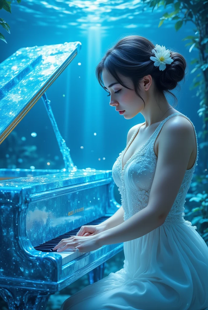 Magic style, realism, illustration,
This photograph captures a serene and ethereal scene featuring a young Asian woman playing a grand piano. She is dressed in an elegant, flowing white gown adorned with delicate lace and intricate embroidery. The dress has thin straps and a low-cut neckline, showing her slender figure and fair skin. Her dark hair is styled in an elegant updo, adorned with a white flower on the left side, adding a touch of natural beauty to her appearance.

The piano she plays is an exquisite, translucent blue grand piano, its surface shimmering with a crystalline quality. The keys are black and white, and the instrument's legs are intricately designed, adding to its ornate appearance. The woman's fingers are poised delicately over the keys, indicating she is in the middle of playing.

The background is a mystical, underwater environment with a blue hue, suggesting an otherworldly setting. The scene is filled with soft, diffused light, creating a dreamy atmosphere. The background includes abstract, glowing shapes and plants, adding to the surreal ambiance. The overall composition of the image is balanced and harmonious, blending the ethereal beauty of the woman with the enchanting underwater world.