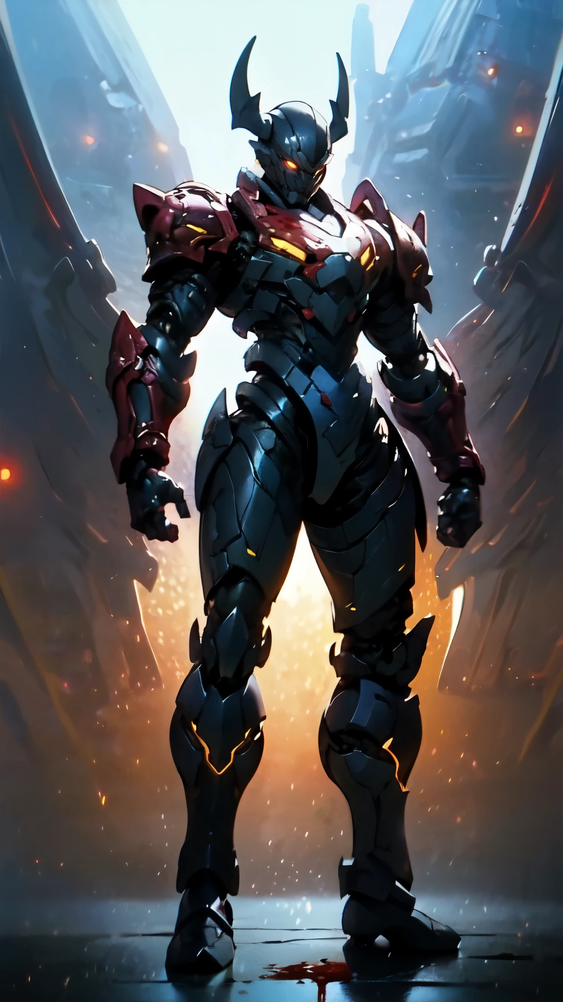 (masterpiece:1.5, best quality:1.5, extremely delicate:1.5), ((male:1.5)), a man wearing a full-face helmet, high-tech biomimetic armored combat suit, (a composite layered chest armor), the design balances heavy with agility, fully enclosed shoulder guards, matching arm and leg guards, a belt of gemstone, (the color scheme is primarily Red with Purple and Yellow accents, Organic Biotech, Concept Inspired by Vampire, glowing eyes, armor glows, huge cloak like devil wings, blood), stand of a futuristic sci-fi city, this character embodies a finely crafted fantasy-style armored hero in anime style, exquisite and mature art style, metallic, high definition, highres, ultra-detailed, ultra-fine painting, professional, perfect body proportions, golden ratio, anatomically correct, symmetrical face, extremely detailed eyes and face, high quality eyes, creativity, RAW photo, UHD, 32k, Natural light, cinematic lighting, (masterpiece-anatomy-perfect:1.2)