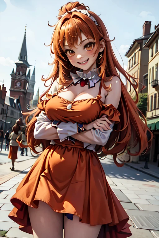 (masterpiece),(best quality),(ultra-detailed),(best illustration),(best shadow),(absurdres),(detailed background),(very aesthetic), changli(wuwa), 1girl, breasts, solo, dress, cleavage, orange eyes, looking at viewer, bare shoulders, white dress, medium breasts, blush, red hair, streaked hair, white hair, seductive smile, from the front, cowboy shot, crossed arms, medieval city background, night, 