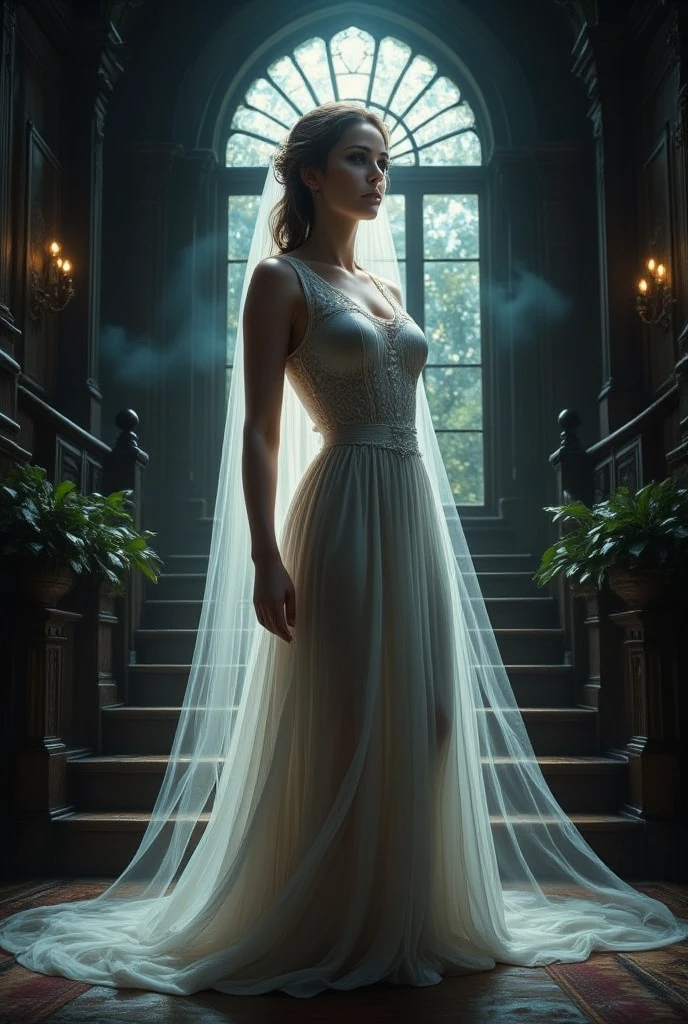 Magic style, realism, illustration,
The image depicts a woman standing in a grand, dimly lit room with ornate wooden stairs. She is wearing a long, flowing bridal gown with a high neckline and intricate lace detailing. The gown is adorned with a long veil that cascades down her back, adding to the ethereal and romantic atmosphere of the scene. The light streaming in from a large, arched window in the background creates a mystical and ethereal effect, casting a soft glow on the woman and the surrounding environment. The overall mood of the image is one of elegance and romance, with the woman's poised stance and the grandeur of the setting creating a sense of timeless beauty.