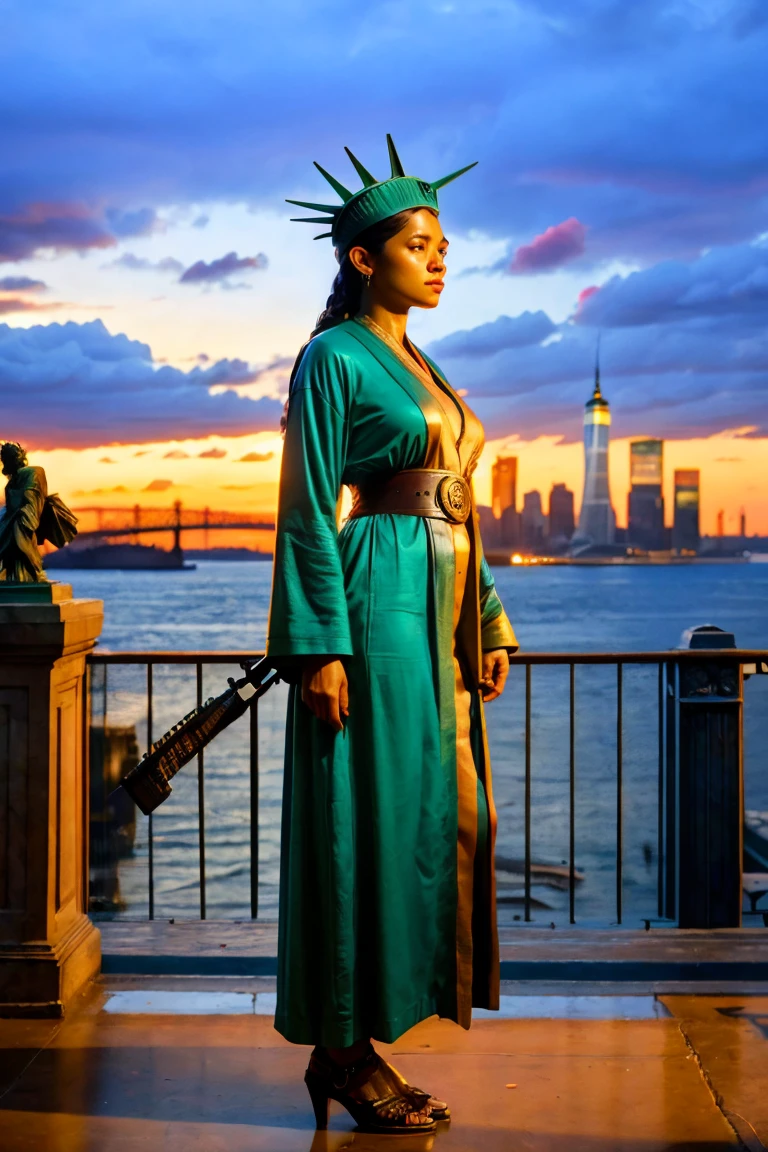 A powerful and provocative reinterpretation of the Statue of Liberty set on Ellis Island. The figure holds an M16 rifle instead of a torch, symbolizing imperialism and enforced democracy. The traditional robe is replaced by a luxurious tailored suit, representing financial oligarchy and neoliberal capitalism. The broken chains at her feet remain, symbolizing freedom for the dominant class, while still oppressing marginalized groups. She stands on a base built from depictions of the struggles of the poor, women, and racially oppressed, resting on the remnants of Native American symbols. The background includes a view of New York Harbor under a somber sky, emphasizing the contrast between ideals and reality.