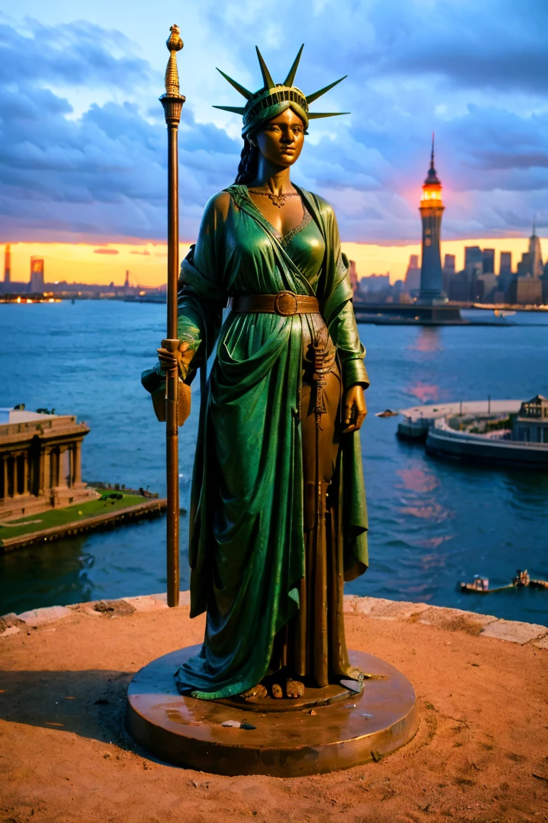 A powerful and provocative reinterpretation of the Statue of Liberty set on Ellis Island. The figure holds an M16 rifle instead of a torch, symbolizing imperialism and enforced democracy. The traditional robe is replaced by a luxurious tailored suit, representing financial oligarchy and neoliberal capitalism. The broken chains at her feet remain, symbolizing freedom for the dominant class, while still oppressing marginalized groups. She stands on a base built from depictions of the struggles of the poor, women, and racially oppressed, resting on the remnants of Native American symbols. The background includes a view of New York Harbor under a somber sky, emphasizing the contrast between ideals and reality.