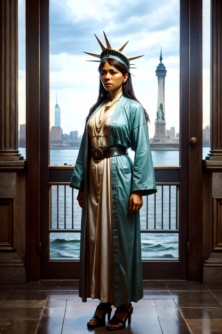 A powerful and provocative reinterpretation of the Statue of Liberty set on Ellis Island. The figure holds an M16 rifle instead of a torch, symbolizing imperialism and enforced democracy. The traditional robe is replaced by a luxurious tailored suit, representing financial oligarchy and neoliberal capitalism. The broken chains at her feet remain, symbolizing freedom for the dominant class, while still oppressing marginalized groups. She stands on a base built from depictions of the struggles of the poor, women, and racially oppressed, resting on the remnants of Native American symbols. The background includes a view of New York Harbor under a somber sky, emphasizing the contrast between ideals and reality.