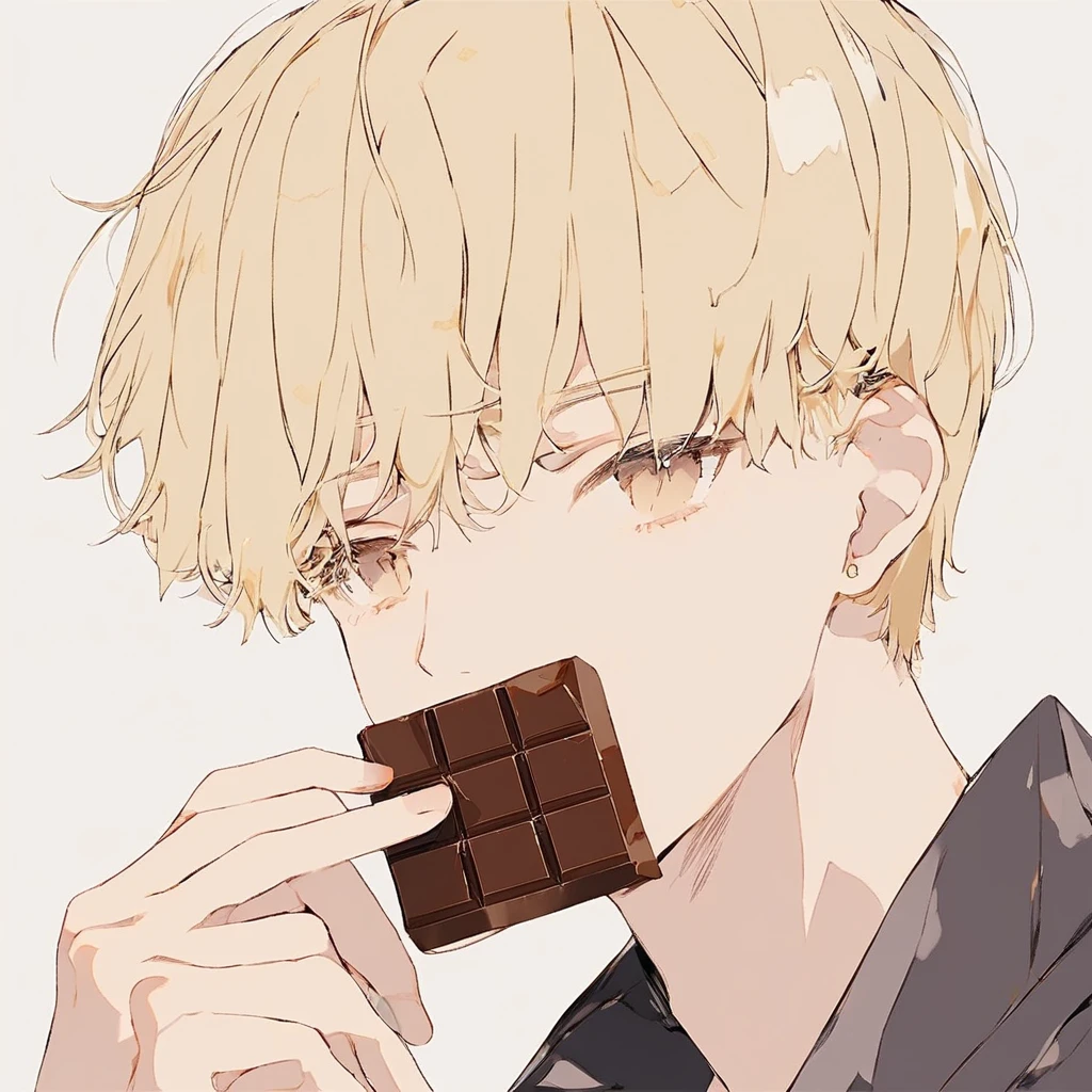 A boy, blonde, gray eyes, pale skin, messy eating, ice cream