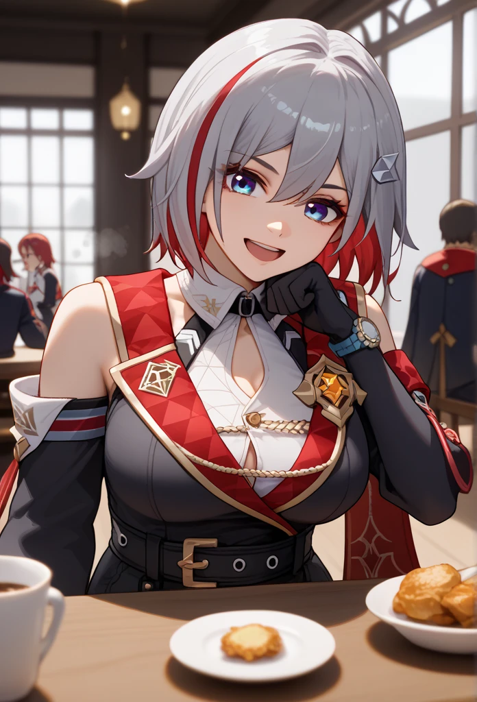  score_9,  score_8_up,  score_7_up,  source_Anime,  1 girl , ,  blue eyes, Red Hair,  white-haired, Grey Hair, multicoloRed Hair,  Bicolor Hair ,  striped hair, Colored inner hair,  shorthair,  hair ornament ,  Big Breasts , Bare Skin,  detached sleeve, gem,  white shirt,  colored shirt ,  clevis,  button gap ,  clevis cutout,  clothes cutout , Covered navel,  Black Gloves , elbow gloves, black belt,  black shorts ,  hip vent,  thigh strap to hide one ear, Mole on thigh,  red cloak, side cape ,  standing, the smell of topaz ,Topaz is a monkey fist wielder , Topaz is steeped in the smell of fighting , Topaz is learning martial arts self-defense techniques ,Topaz is in a normal posture , Topaz learned to fight from an early age , Topaz was raised by Irene in Virtua Fighter 5 to become a monkey fist, smile,  open mouth,  watch viewers, Wavy, hands on ,  portrait, close-up, indoor,  Space Station , Spaceship, starry null, star \(null\), moon, Namby, pig, animal, 