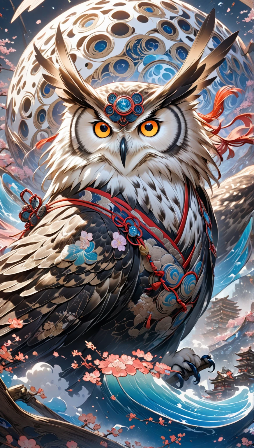  masterpiece:1.2， Fantasy World ,  Japanese style, Bishamonten， Details，owl， is cool，Professional photography，