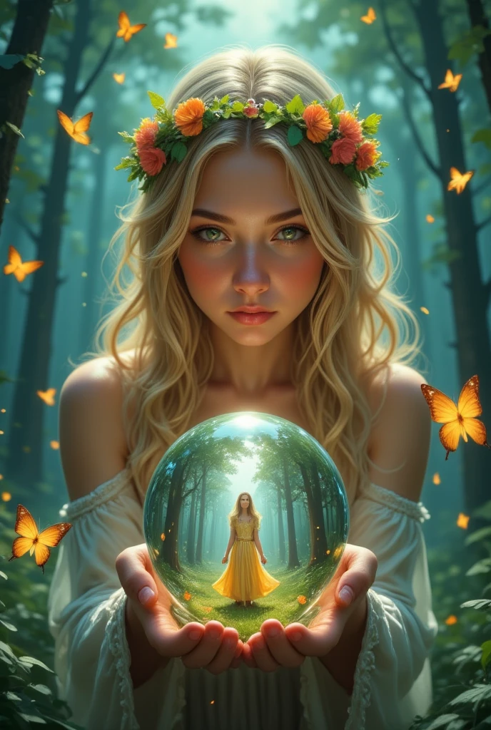 Magic style, realism, illustration,
The image depicts a fantastical scene set in a lush, forested environment. At the center, a young woman with long, wavy blonde hair adorned with a floral crown is holding a crystal ball in her hands. The ball is transparent, revealing a serene, grassy field with a young girl dressed in a flowing, golden dress. The girl appears to be gazing at the viewer, adding a sense of connection and wonder to the scene. Surrounding the woman are several orange butterflies, their wings shimmering with light, adding to the magical atmosphere. The background is a blend of green and blue hues, with soft, ethereal light filtering through the trees, creating a dreamy and enchanting atmosphere.