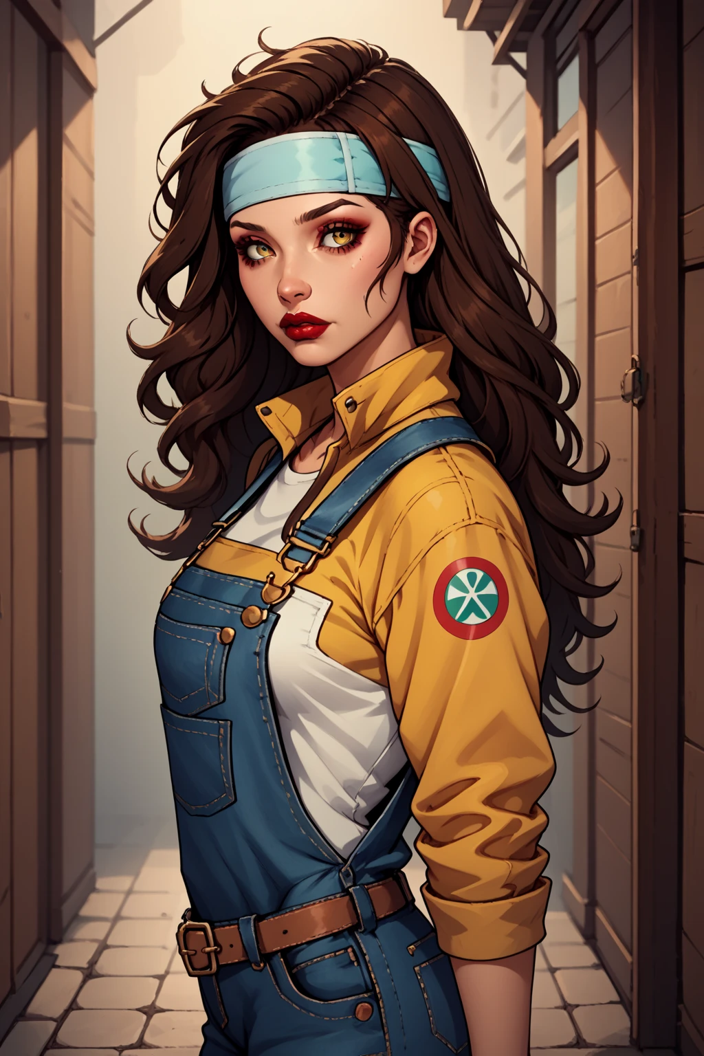 OVERALLS amarelo comistylepdxl , 1 , Alone, OVERALLS, yellow OVERALLS, shezfe ,  brown hair , breasts, belt, jacket,  long hair,  headband , makeup, lipstick, medium breasts, from the side, PNYCMICPOSxl , 