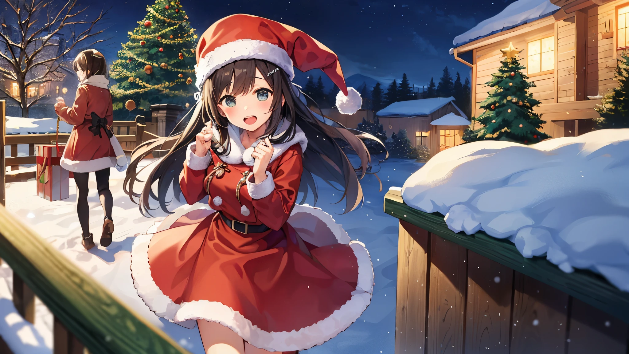 composition、santa claus 、one girls、独奏、one girl、cute face、Smiling、slender and beautiful style、A dark-haired、Braided pigtails、Red santa claus Hat、Realistic、Attractive style、粉雪の降るnatta、聖なるnatta、静寂のnatta、Christmas tree、Christmas Colors、Winters、綺麗なnatta空、natta、