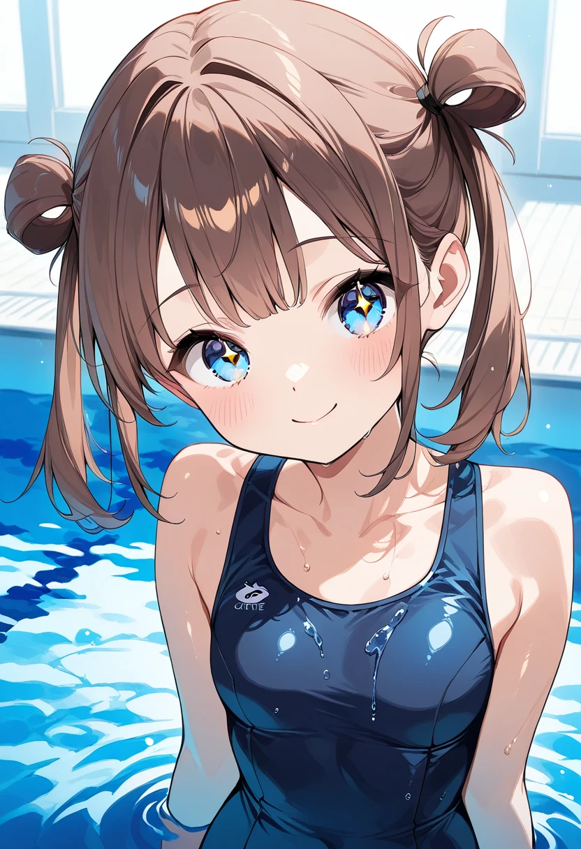  top quality、 very young girl 、 very small breasts at the marine aquarium、Pool、 Navy Blue School Swimsuit、Shiny brown hair 、Very short pigtails、smile、Sparkling water splashes