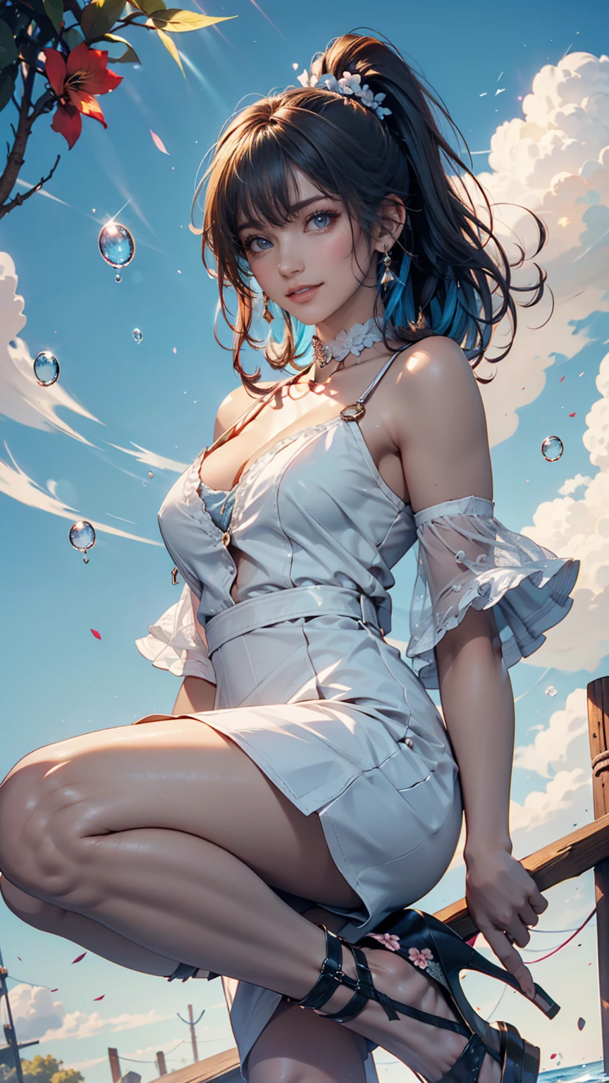 masterpiece, Highest quality, Highest quality, watercolor (Moderate), Official Art, beautifully、aesthetic: 1.2), (1 girl: 1.3), (Fractal Art: 1.3), morning, Good morning, smile, sunny day, Hilarious, Viewer, pattern, Wave, (Rainbow Hair, colorful Hair: 1.2), null, gas, cloud, colorful, Soap bubble