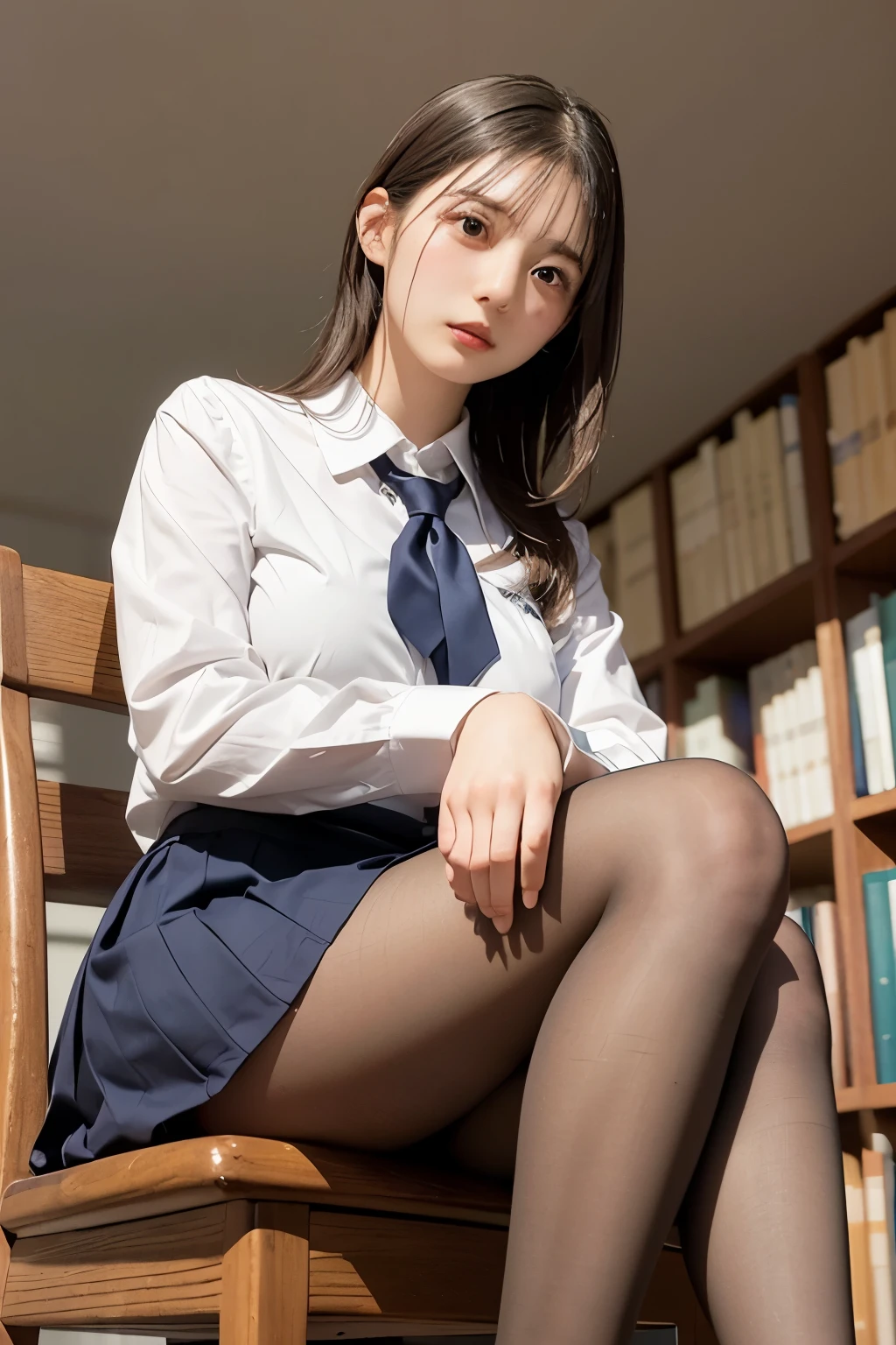 (masterpiece, best quality:1.2), a hyperrealistic schoolgirl, solo, 1girl, yukinoshita yukino, (shiny skin, wet skin:1.2), sweating, slight smile, looking at viewer, on all fours, school uniform, white shirt, plaid skirt, thighhighs, afternoon, classroom hyperrealistic schoolgirl