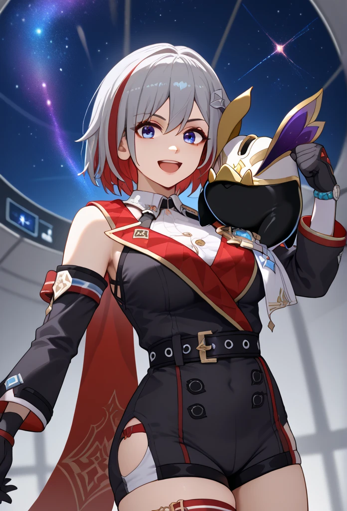  score_9,  score_8_up,  score_7_up,  source_Anime,  1 girl , ,  blue eyes, Red Hair,  white-haired, Grey Hair, multicoloRed Hair,  Bicolor Hair ,  striped hair, Colored inner hair,  shorthair,  hair ornament ,  Big Breasts , Bare Skin,  detached sleeve, gem,  white shirt,  colored shirt ,  clevis,  button gap ,  clevis cutout,  clothes cutout , Covered navel,  Black Gloves , elbow gloves, black belt,  black shorts ,  hip vent,  thigh strap to hide one ear, Mole on thigh,  red cloak, side cape ,  standing, the smell of topaz ,Topaz is a monkey fist wielder , Topaz is steeped in the smell of fighting , Topaz is learning martial arts self-defense techniques ,Topaz is in a normal posture , Topaz learned to fight from an early age , Topaz was raised by Irene in Virtua Fighter 5 to become a monkey fist, smile,  open mouth,  watch viewers, Wavy, hands on ,  portrait, close-up, indoor,  Space Station , Spaceship, starry null, star \(null\), moon, Namby, pig, animal, 