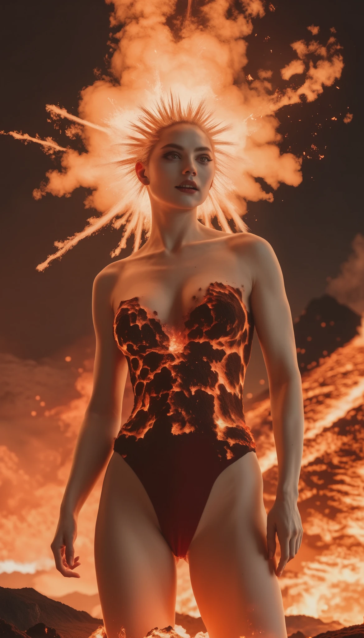 main character　(((Volcanic eruption:1.7))) 、  beautiful woman Ifrit 、  looking down 、Green、 look down、  Ifrit standing in a crater where a very high mountain erupts 、Crimson and jet black 