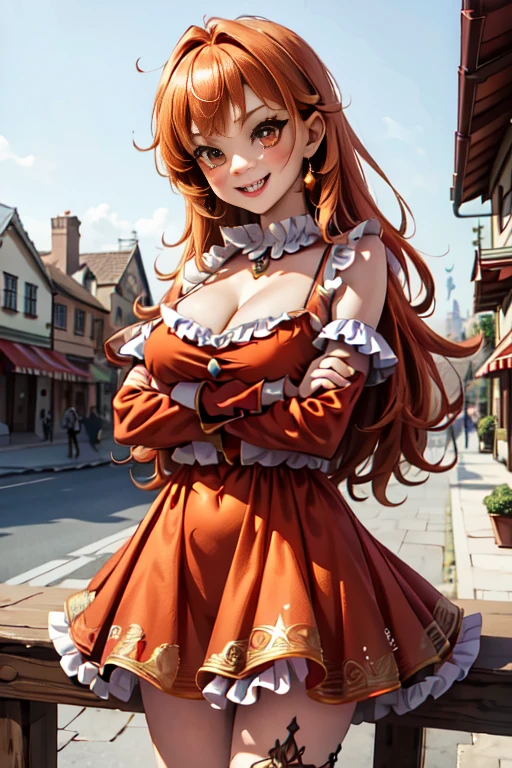 (masterpiece),(best quality),(ultra-detailed),(best illustration),(best shadow),(absurdres),(detailed background),(very aesthetic), changli(wuwa), 1girl, breasts, solo, dress, cleavage, orange eyes, looking at viewer, bare shoulders, white dress, medium breasts, blush, red hair, streaked hair, white hair, seductive smile, from the front, cowboy shot, crossed arms, medieval city background, night, 