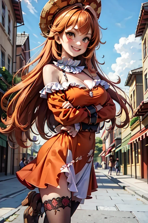 (masterpiece),(best quality),(ultra-detailed),(best illustration),(best shadow),(absurdres),(detailed background),(very aesthetic), changli(wuwa), 1girl, breasts, solo, dress, cleavage, orange eyes, looking at viewer, bare shoulders, white dress, medium breasts, blush, red hair, streaked hair, white hair, seductive smile, from the front, cowboy shot, crossed arms, medieval city background, night, 