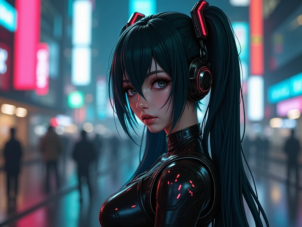 (masterpiece),(best quality),extreamly delicate and beautiful, long black straight hair, elegant hair, (30 years old, hazel eyes, hourglass figure, perfect fit body, natural big breasts), ((perfect female figure)),mature female,1 rider girl,bodysuit,black very long hair,twintails, purple eyes, cyberpunk city background,cat ears helmet,
