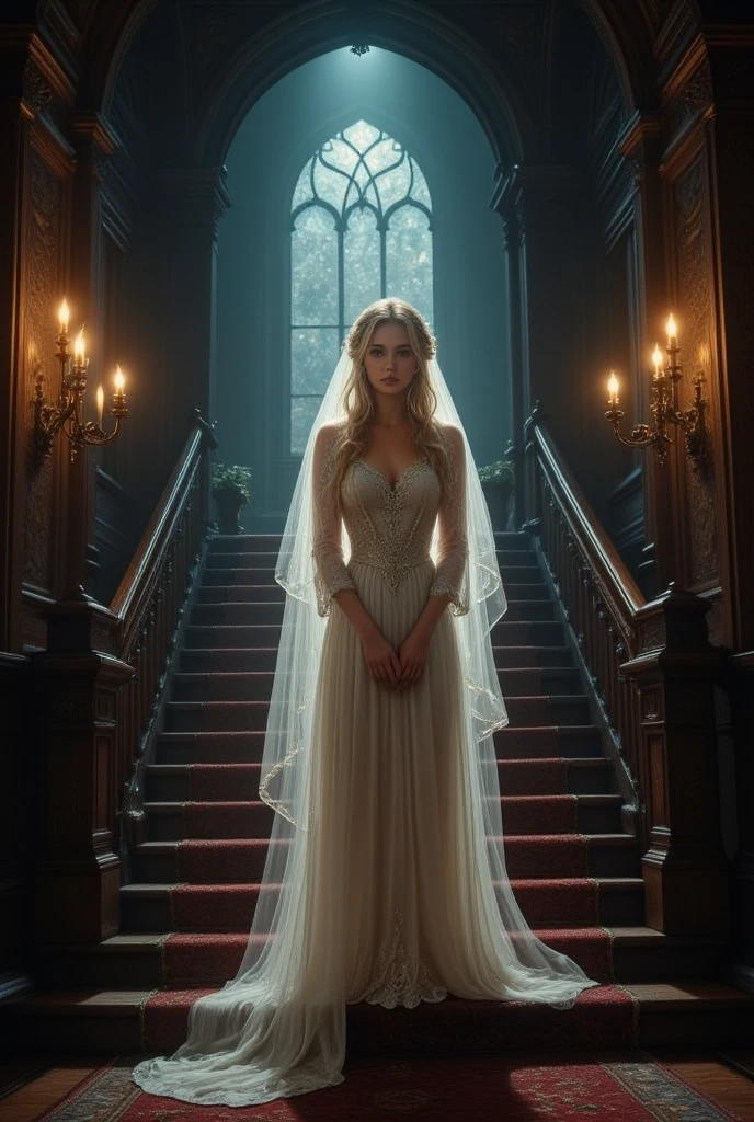 Magic style, realism, illustration, The image depicts a woman standing in a grand, dimly lit room with ornate wooden stairs. She is wearing a long, flowing bridal gown with a high neckline and intricate lace detailing. The gown is adorned with a long veil that cascades down her back, adding to the ethereal and romantic atmosphere of the scene. The light streaming in from a large, arched window in the background creates a mystical and ethereal effect, casting a soft glow on the woman and the surrounding environment. The overall mood of the image is one of elegance and romance, with the woman's poised stance and the grandeur of the setting creating a sense of timeless beauty.