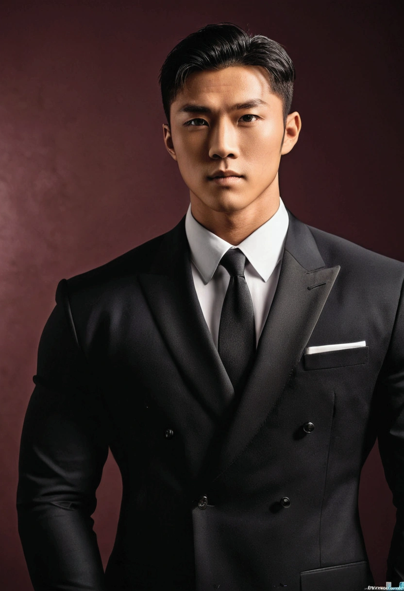 A highly detailed 8K image of an extremely handsome young Asian man with a perfect face and captivating black eyes. He has a muscular physique with broad shoulders, giant muscles, and well-defined abs. He is wearing a premium black suit, standing indoors under realistic lighting. The image showcases ultra-realistic details, finely crafted textures, and top-tier quality, making it a masterpiece. The man is facing the camera, looking directly into it, exuding a strong and charismatic aura.

