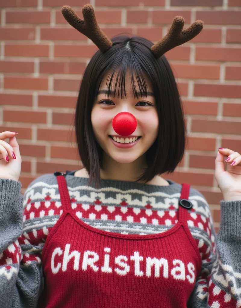 An unparalleled masterpiece of ultra-realistic film photography with minute details. ((Anatomically perfect and accurate body depiction: 1.4)),(Small head, small face, long limbs,: 1.4),Close-up of the face of an Asian woman with a bob cut, reindeer antlers and a red glowing clown nose, wearing a wool sweater with "Merry Christmas" written on it, standing in front of a brick wall in New York City, looking at the viewer with a shy smile.