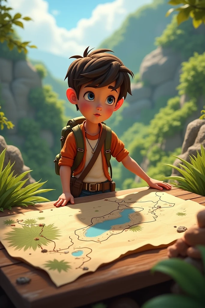 A boy finding an ancient map hidden in a rock