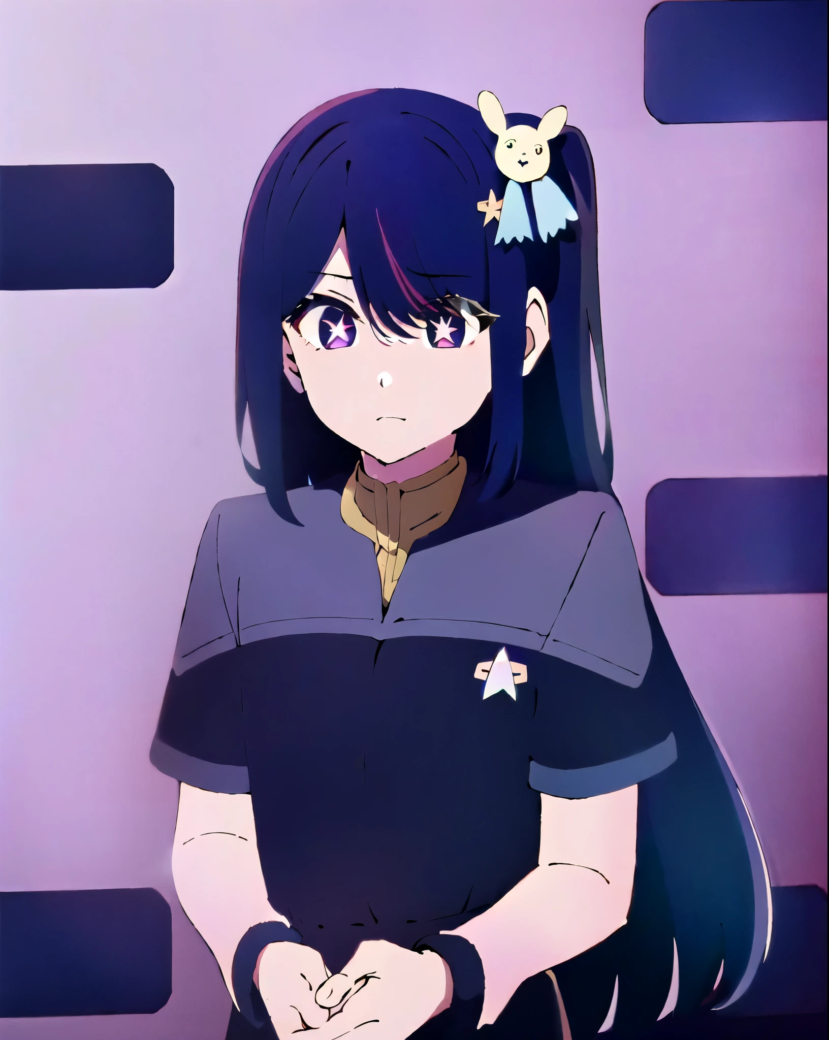 ds9st red and black uniform ds9st command Hoshino Ai, long hair, purple hair, streaked hair ,purple eyes, star-shaped pupils, hair ornament,"constricted pupils, small pupils"
