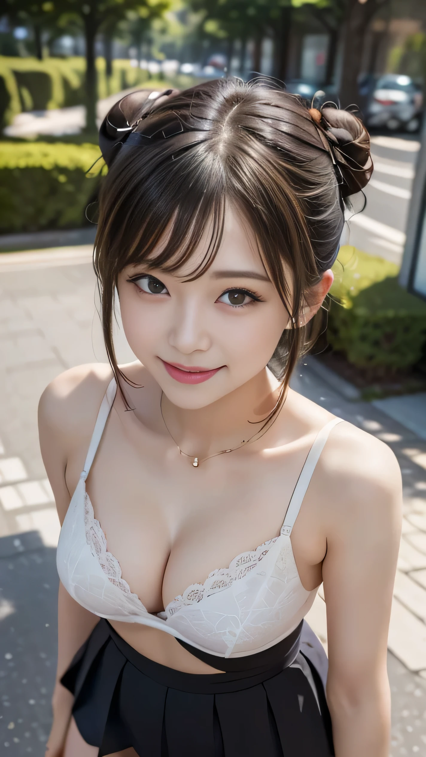 Sparkling Eyes,    black hair twin tails , , debt/1.8,   anatomically accurate  , Rough skin, 超 Details,    Details ,   High Quality , 超 Details,    Details ,   High Quality , 最  High Quality ,   high res、amazing、Award-winning works、Pale pink underwear、 provocative smile 、cute、adult、Big Breasts、