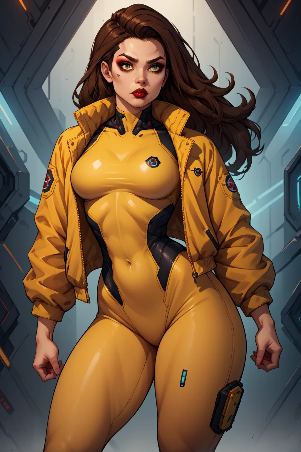  yellow jumpsuit comistylepdxl , 1girl , Alone, futuristic yellow swimsuit ,  thick thighs ,cool pose,  holds a futuristic weapon , shezfe ,  brown hair , breasts, jacket,  long hair,makeup, lipstick, medium breasts,PNYCMICPOSxl , 