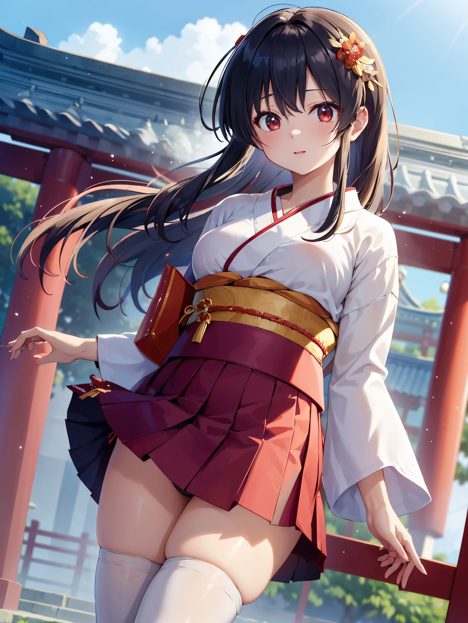 hight resolution, top-quality, ultra-quality, The ultra-detailliert, lighting like a movie、Fox Woman、shrines、torii gate、Twilight、A dark-haired、Thigh exposure、white panties、Skirt Lift Up、Wearing sweat、full of sweat、