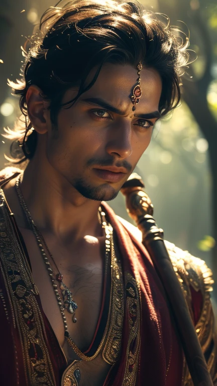 A man with golden eye with bow and arrow in his hand and peacock feather in curly hair with Lotus like legs with a golden outfit