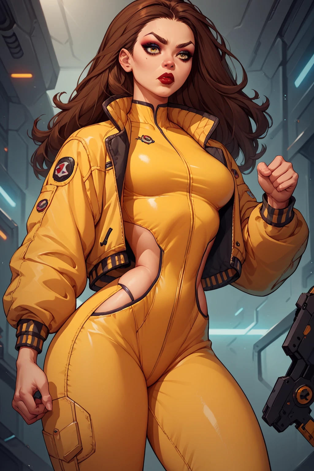  yellow jumpsuit comistylepdxl , 1girl , Alone, futuristic yellow swimsuit ,  thick thighs ,cool pose,  holds a futuristic weapon , shezfe ,  brown hair , breasts, jacket,  long hair,makeup, lipstick, medium breasts,PNYCMICPOSxl , 