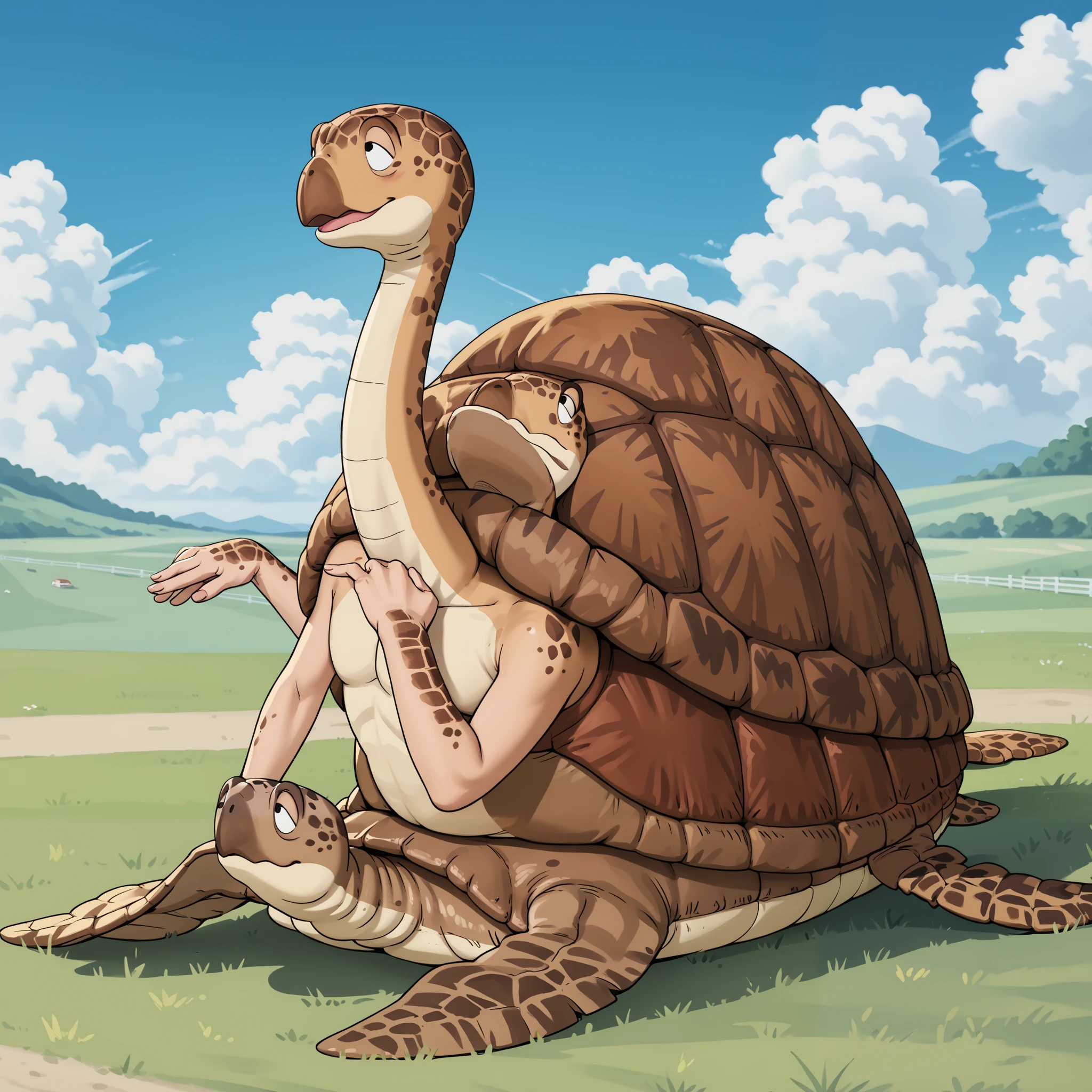 a brown turtle on the cloud.black eyes.A very long neck that stretches vertically upward.retro artstyle.riding umigame, (your subject and position)