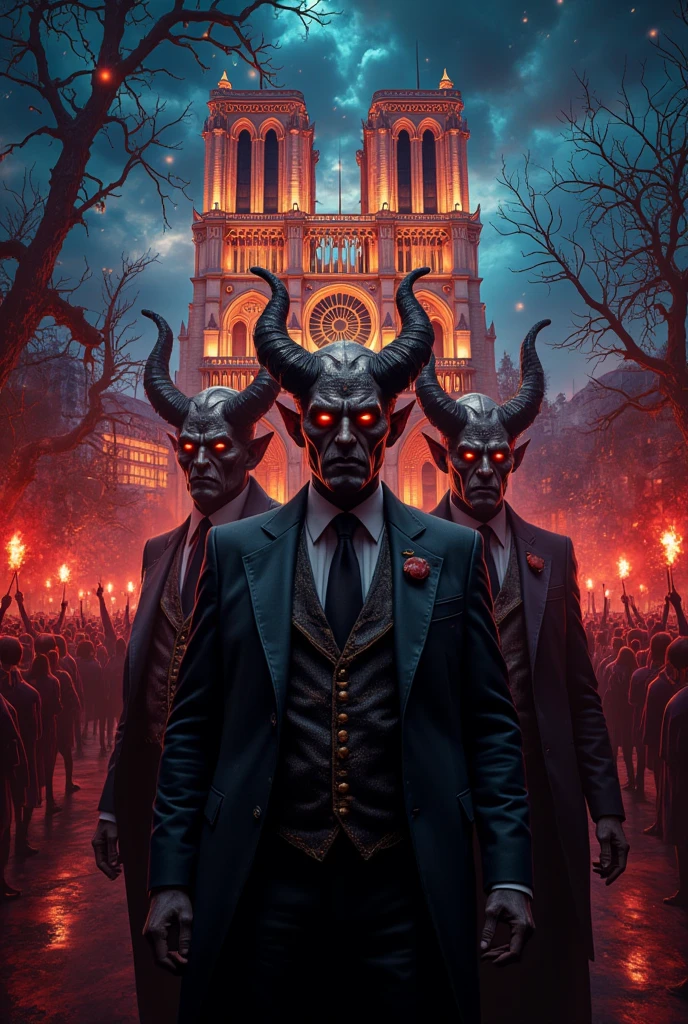 ((masterpiece)) ((photography)) ((Highest quality)) Create a surreal and striking illustration of the grand opening ceremony of Notre-Dame-de-Paris, reimagined in a fantastical and provocative setting. The scene features devils dressed in immaculate, high-fashion suits, resembling world leaders such as Emmanuel Macron, Donald Trump, Vladimir Putin, and other iconic presidents. They stand with presidential gravitas, their faces eerily recognizable yet subtly devilish, blending human features with sinister elements like subtle horns and glowing red eyes.  

The devils pose confidently in front of the illuminated cathedral, their costumes showcasing sharp tailoring with gothic embellishments, exuding power and mystique. Around them, the celebration unfolds with an eclectic mix of music festivals: a fiery rock concert with spectacular pyrotechnics, a ritualistic satanic choir holding glowing red candles, and a diverse crowd reveling in surreal festivities.  

The atmosphere is vibrant and layered, blending the majestic historical grandeur of Notre-Dame with a modern, rebellious, and fantastical twist. Use dramatic lighting to emphasize the contrast between the cathedral’s iconic architecture and the chaotic, avant-garde festivities.