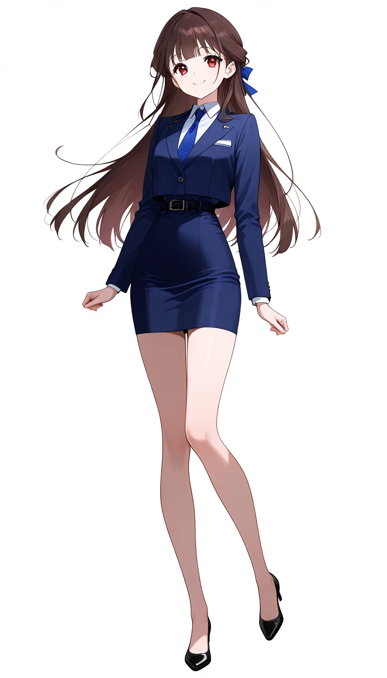 
masterpiece、 top quality、Good quality、Love Minami、1 Girl、solo、 long hair on background、Brown Hair、 red eyes、bangs、smile、 full body style that reflects your whole body、Normal milk、 narrow waist 、Bare legs、 in a suit、 navy blue jacket , collared shirt 、 white shirt、 blue tie,belt, navy blue mini pencil skirt,Black pumps、Anime Images、