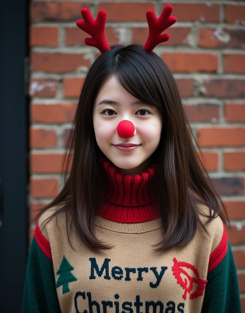 An unparalleled masterpiece of ultra-realistic film photography, with minute details. ((anatomically perfect and accurate body depiction: 1.4)),(small head, small face, long limbs,: 1.4),Close-up of the face of an Asian woman with a bob cut, reindeer antlers and a red glowing clown nose. She is wearing a wool sweater with "Merry Christmas" written on it, standing in front of a brick wall in New York City, gazing at the viewer with a shy smile (the clown nose is glowing very brightly)