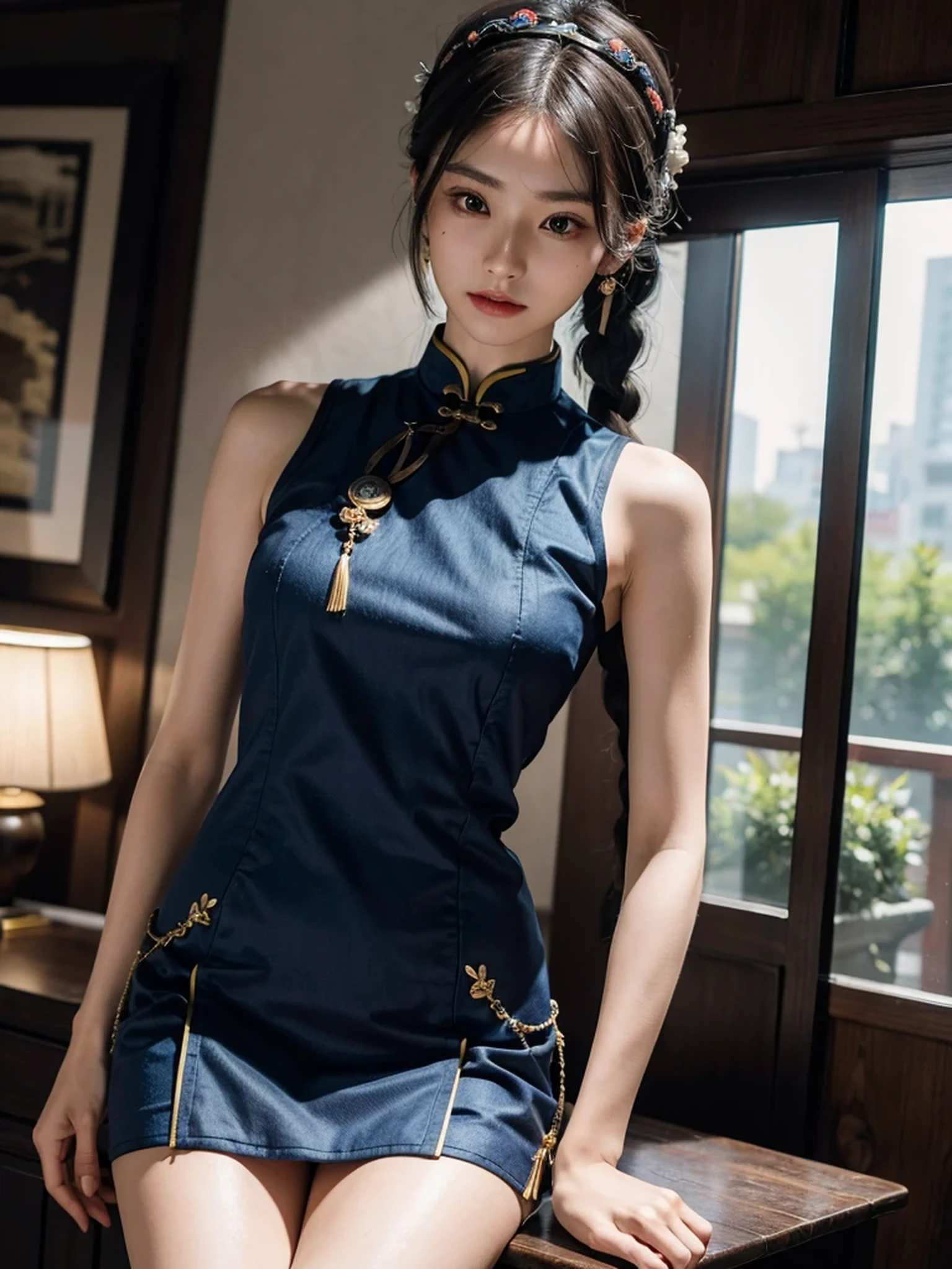 Arafed asian woman in a blue dress posing for a picture - SeaArt AI