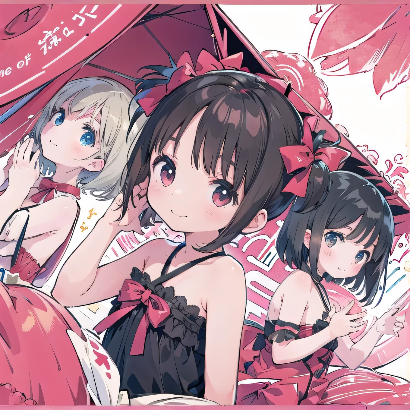 8age、 cute girl、ribbon、A happy smile、Beautiful background, FOUR GIRLS、Naked under a ribbon、 Bold Poses、low angle camera