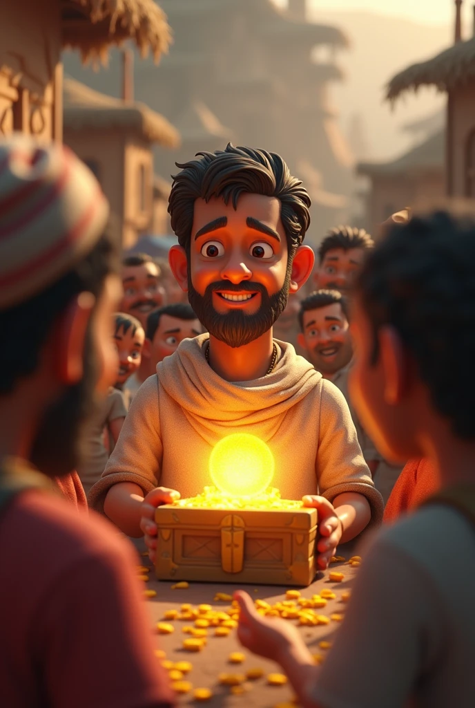 In 3D animation style:Ramesh revealing the story of the treasure to the elders**, their faces a mix of surprise and admiration, as he recounts the mysterious events.