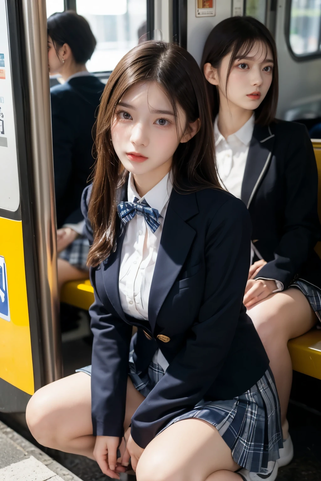 Masterpiece, 8k, Wallpaper, top-quality, High school girl, Photorealistic, (Plump breast:1.3), 
(Light smile:1.2), (Blazer, blouse, blue plaid ribbon, plaid pleated skirt 1.4), Squatting in Train :1.3), (sunshine:1.2)