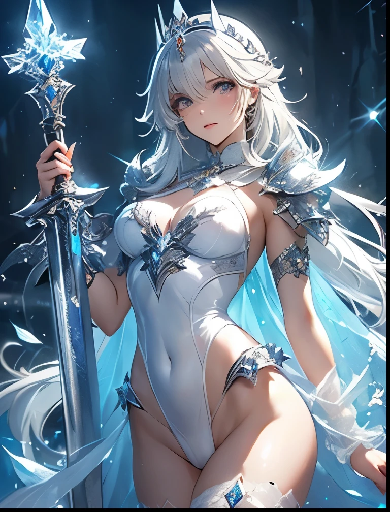((masterpiece:1.2)), ((Highest Quality)), Highly detailed and delicate illustration style, detailed skin texture, detailed metal texture, detailed cloth texture, Extreme detailed description, (T-Masterpiece), (super fine illustration), Highly detailed face, Raw photo, Professional, (Ultra-fine painting), Perfect Anatomy, sexy, realisitic, ((Solo)), ((A beautiful and cool female the head court mage with beautiful silver hair and beautiful blue eyes who is dressed as a mechanical angel)), Beautifully shaped small breasts, Beautifully shaped buttocks, concept-art, (combat pose), Detailed science and magic Fantasy Art, (Beautiful shiny silver hair), (Beautiful clear blue eyes), (detailed beautiful eyes:1.6), (Has large sapphire blue symmetrical mechanical wings:1.1), ((sophisticated mechanism:1.4))Smooth and menacing design, ((Highly detailed and delicate mechanical sapphire blue spellbook exclusively for the head court mage)), ((Highly detailed and cool Attack Magic Casting Pose)), ((Highly detailed and delicate ice and snow magic sacred type mechanical sophisticated exoskeleton armor dress in pearl white and sapphire blue exclusively for the head court mage)), (Always draw a very detailed and delicate magic circle with a spellbook), Highly detailed and delicate starry sky, other world, No robot, (8K highest quality wallpaper), Highly detailed and delicate background, (NSFW) BREAK (Geometric patterns), (colorful confetti:1.15), BREAK