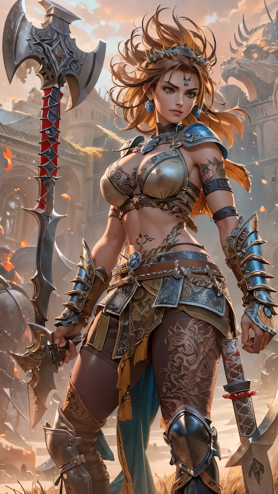 young teen girl, ancient viking warrior, evil look,,combat stance, wielding an axe, facepaint, bodypaint, sexi, revealing, small breasts, highly detailed, ancient drakkar ship in background, blonde hair, vibrant appearance, creative behavior, extremly detailed, imaginative, sensual, spontaneous, highest quality, skin texture, intricate details, (cinematic lighting), RAW photo, 8k, masterpiece,best quality,ultra-detailed,very detailed illustrations,extremely detailed,intricate details,highres,super complex details,extremely detailed 8k cg wallpaper,
