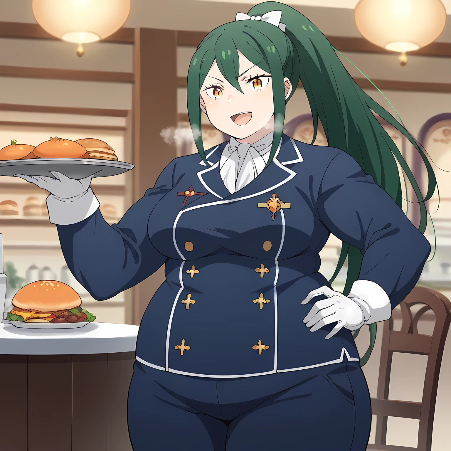 score_9, score_8_up, score_7_up, source_anime, crusch karsten, long hair, hair between eyes, green hair, orange eyes, medium breasts,, gloves, ponytail, white gloves, uniform, long sleeves, pants, blue uniform, blue pants, hair bow,, cafeteria, tables, food trays, chairs, line, smile, smug, hand on own hip,, looking at viewer, solo,, dutch angle, cowboy shot fat, chubby, obese, gigantic arms and legs, large breasts open mouth, out of breath