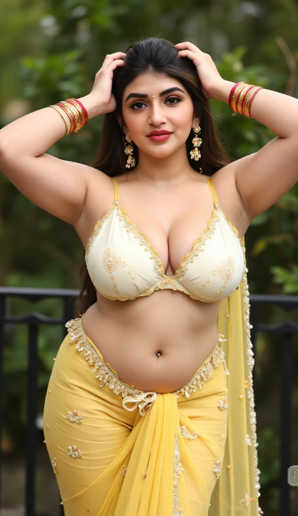 Full body view,From bottom view,long shot photo,4k ,8k resolution pic, highly detailed,HDR content,Showing sexy folded abdomen, Bindi on forehead Showing Peirce navel,Sexy beautiful indian alluring voluptuous white pale skin bhabhi, bindi on forehead,big huge enormous gigantic humgous breast,Dark red lipstick, hand's on head showing dark hairy armpits, Straight light brown hair, voluptuous curvy attractive figure,sexy beautiful eyes, eyelashes, lucious lips,big cheeks, earrings,big large breast, Wearing white lace bra, Wearing golden jewellery choker,Wearing plenty golden bangles in both hands, wearing waist golden chain,Golder jewellery necklace,Small flower printed yellow glossy transparent half drape saree,deep cleavage, showing midriff,navel, showing deep cleavage,Background Dancing sexy  in balcony with nature background, (cinematic:1.3), intricate details, (ArtStation:1.2)