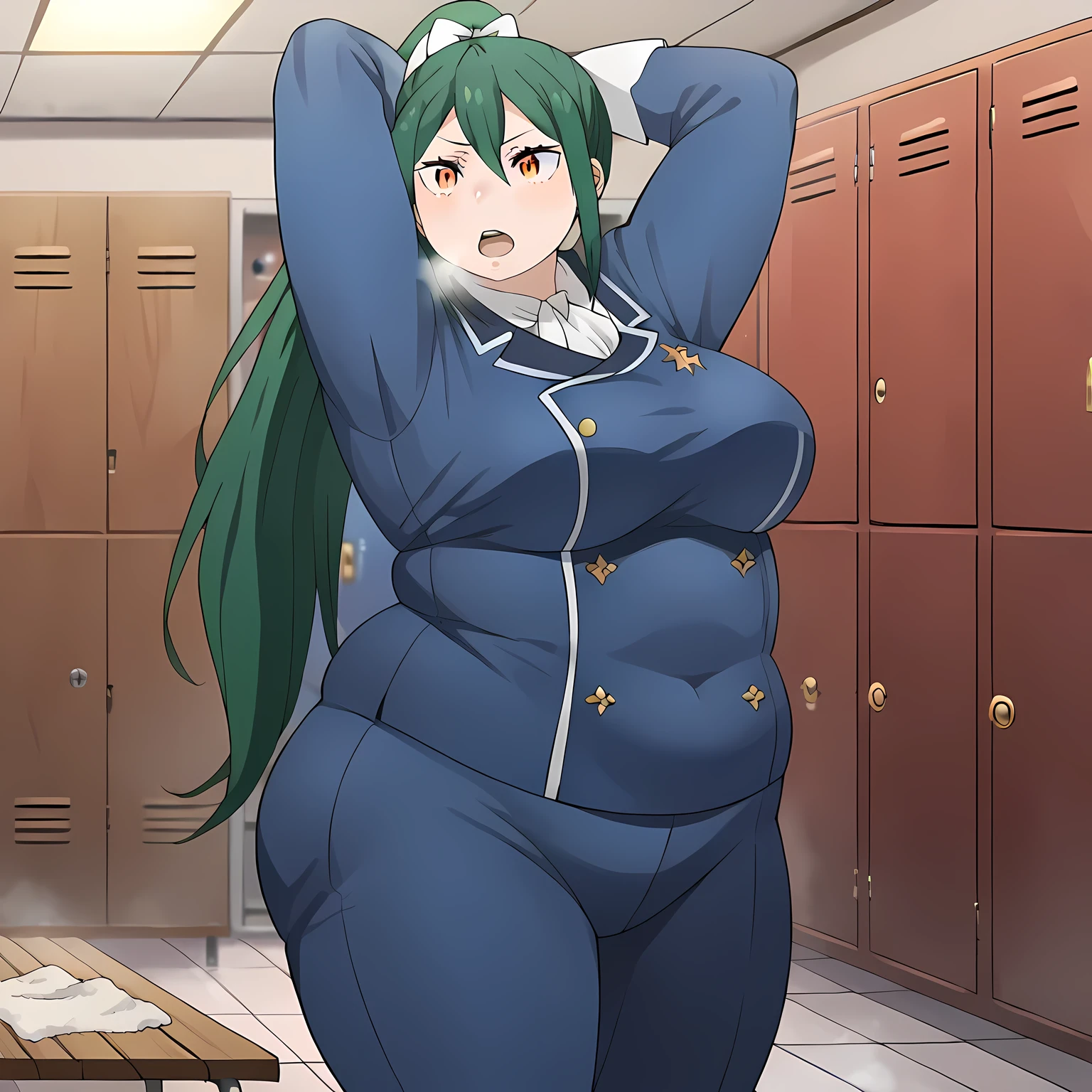 score_9, score_8_up, score_7_up, source_anime, crusch karsten, long hair, hair between eyes, green hair, orange eyes, medium breasts,, gloves, ponytail, white gloves, uniform, long sleeves, pants, blue uniform, blue pants, hair bow,, locker room, lockers, benches, towels, showers, , mememe dance, me!me!me! dance (meme), dancing, ass shake, arms up,, looking at viewer, solo,, dutch angle, cowboy shot fat, chubby, obese, gigantic arms and legs, large breasts open mouth, out of breath