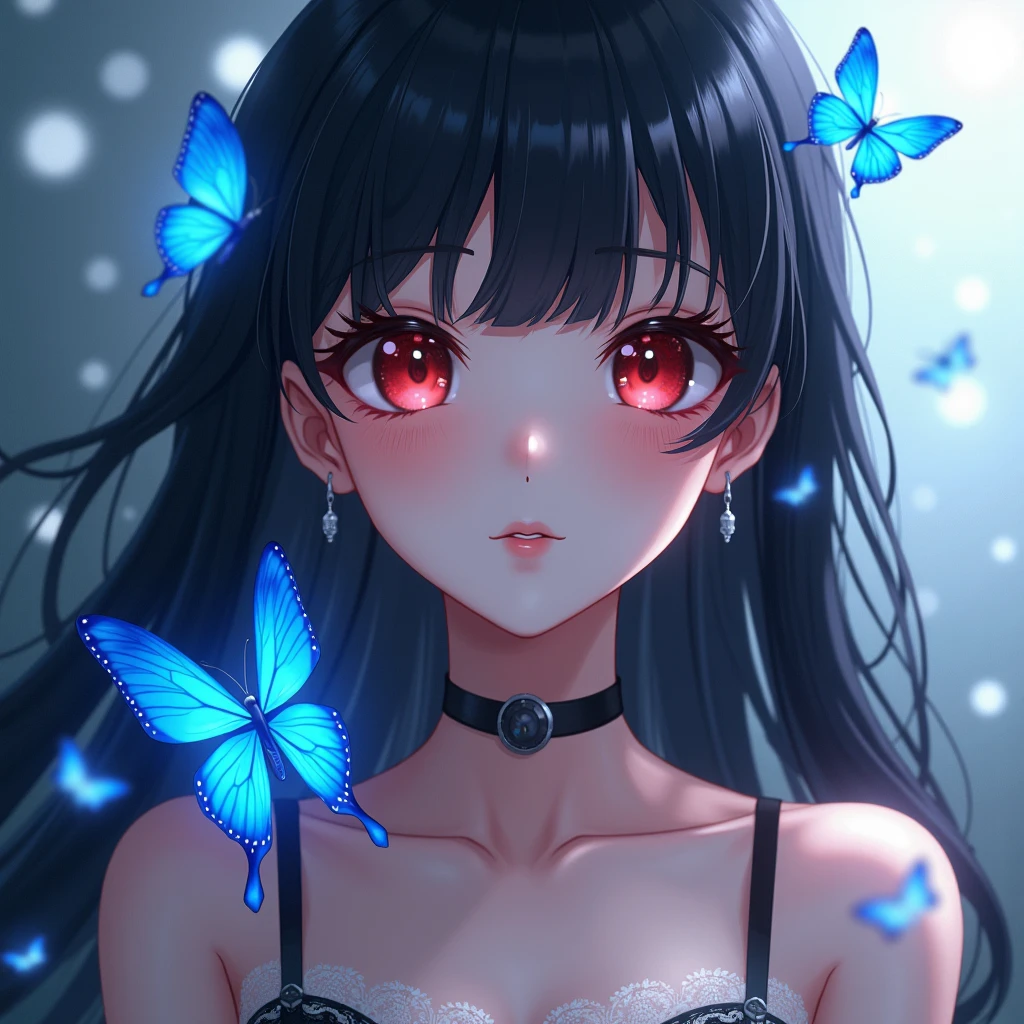 absurdres, highres, ultra detailed, HDR, master piece, Tifa Lockhart, expressive red eyes, black hair, Final Fantasy VII Remake, extremely beautiful, 1 woman only, very detailed face and eyes, flowers and petals, butterflies, best quality, black skirt