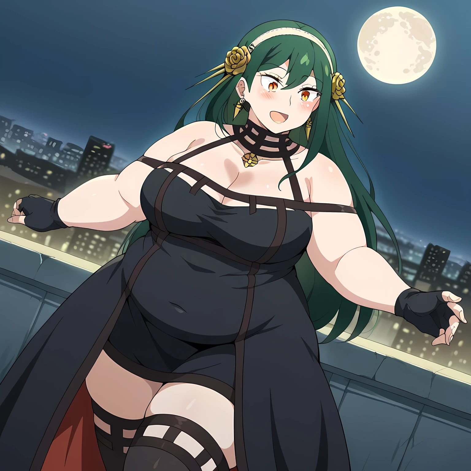 score_9, score_8_up, score_7_up, source_anime, crusch karsten, long hair, hair between eyes, green hair, orange eyes, medium breasts,, yorbriarcosplay, yor briar (cosplay), bare shoulders, black dress, black gloves, cleavage, dress, earrings, gloves, gold earrings, hair ornament, hair band, jewelry, bare shoulders, collarbone, fingerless gloves, thighhighs, black thighhighs,, cityscape, night, moon, blush, smile, , dutch angle, cowboy shot fat, chubby, obese, gigantic arms and legs, large breasts open mouth, out of breath