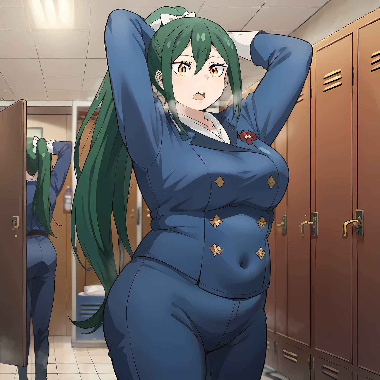 score_9, score_8_up, score_7_up, source_anime, crusch karsten, long hair, hair between eyes, green hair, orange eyes, medium breasts,, gloves, ponytail, white gloves, uniform, long sleeves, pants, blue uniform, blue pants, hair bow,, locker room, lockers, benches, towels, showers, , mememe dance, me!me!me! dance (meme), dancing, ass shake, arms up,, looking at viewer, solo,, dutch angle, cowboy shot fat, chubby, obese, gigantic arms and legs, large breasts open mouth, out of breath